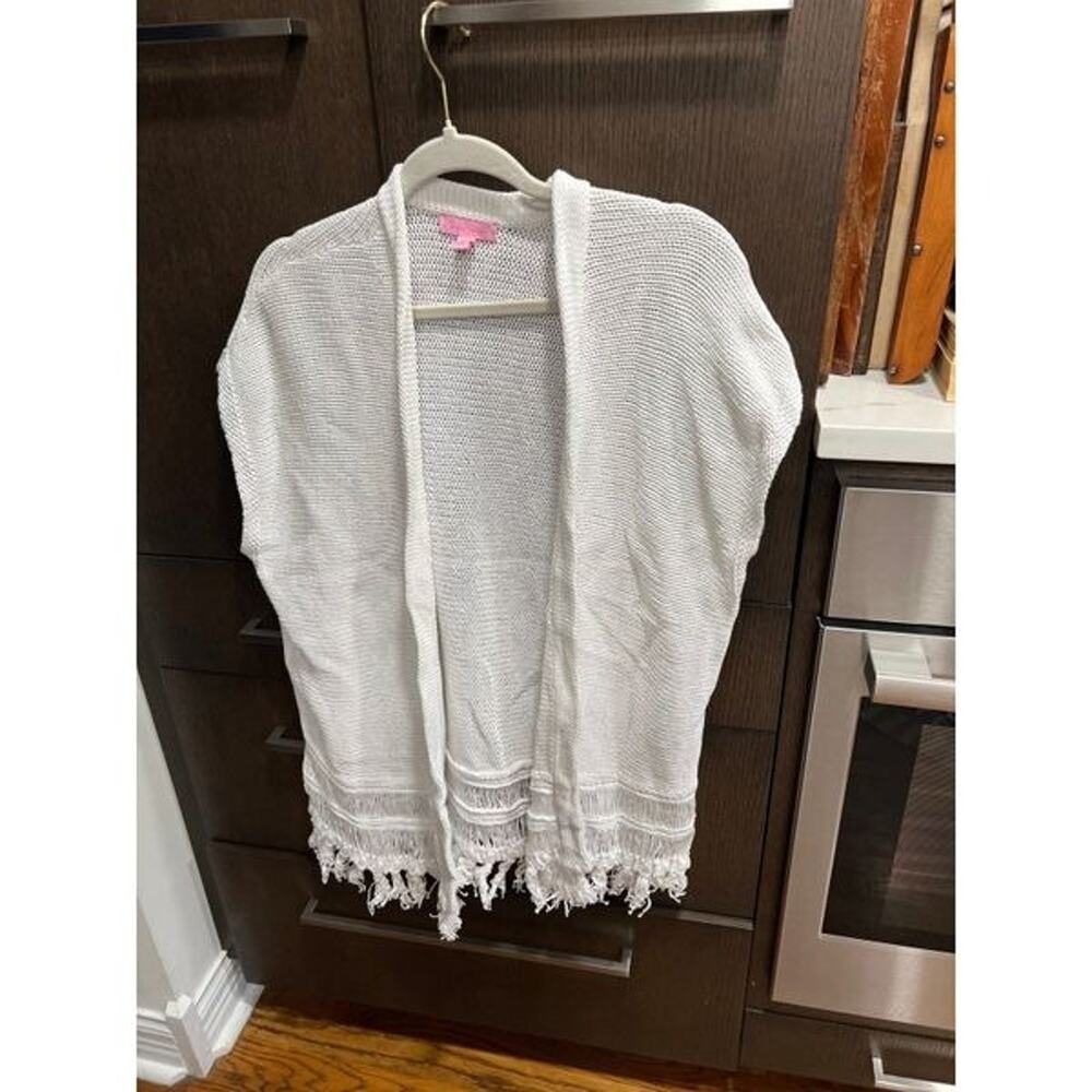 Lilly Pulitzer Womens Cardigan Sweater White Open Sleeveless Fringe Hem S/M